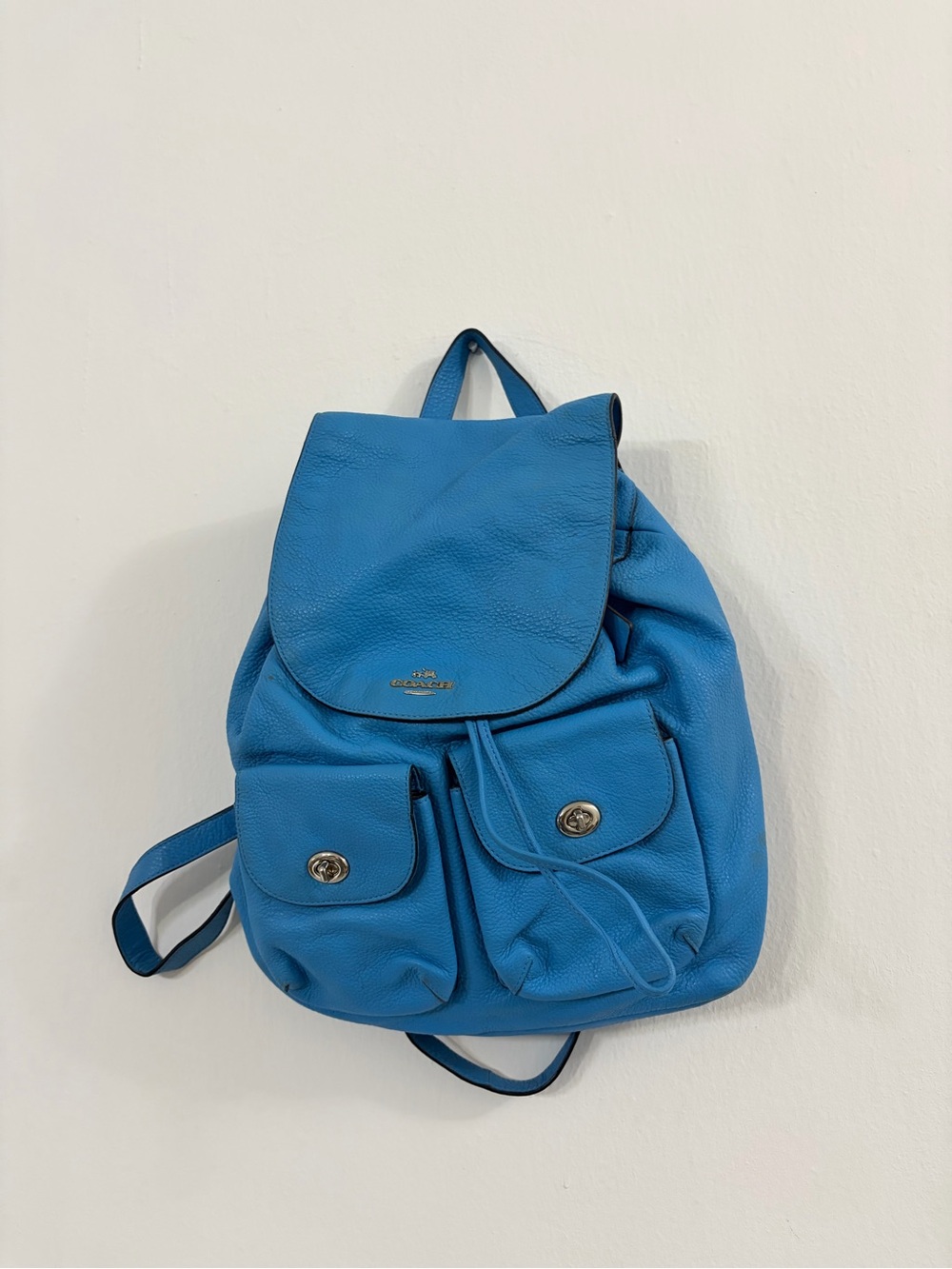 Coach Blue Pebbled Leather Drawstring Turnlock Backpack Flap Rucksack Bag